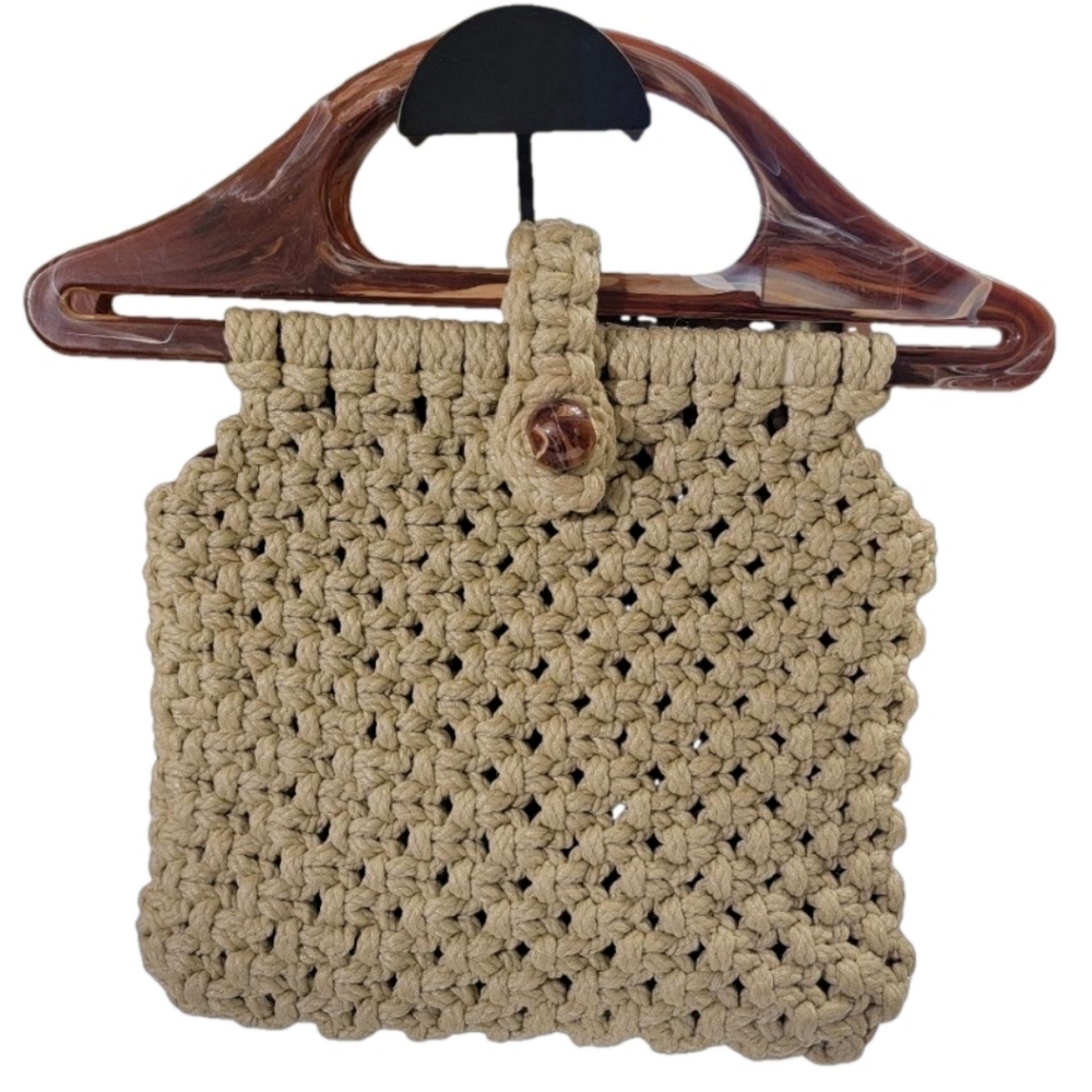 Macrame Vintage Tote Handbag Purse With Lucite Handles